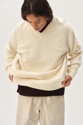 DONNI The Cotton Knit V-Neck Sweater - Creme