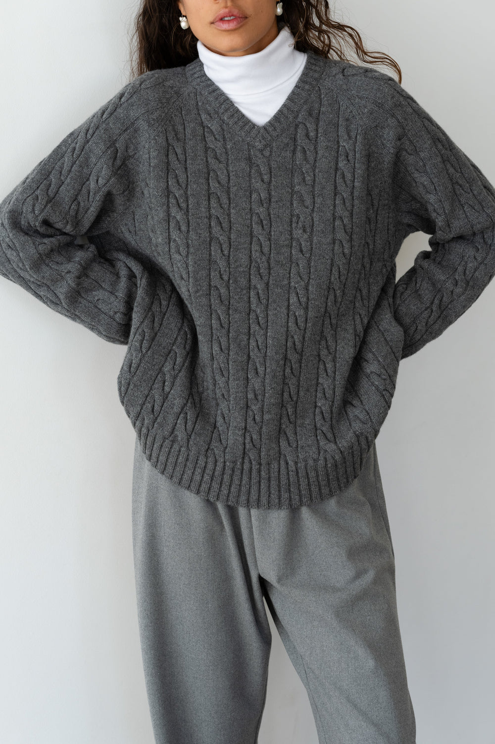 DONNI The Cable V-Neck Sweater - Charcoal-Grey