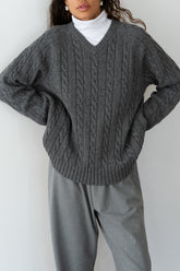 DONNI The Cable V-Neck Sweater - Charcoal-Grey