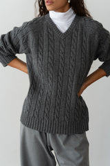DONNI The Cable V-Neck Sweater - Charcoal-Grey