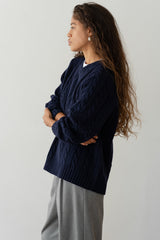 DONNI The Cable V-Neck Sweater - Navy