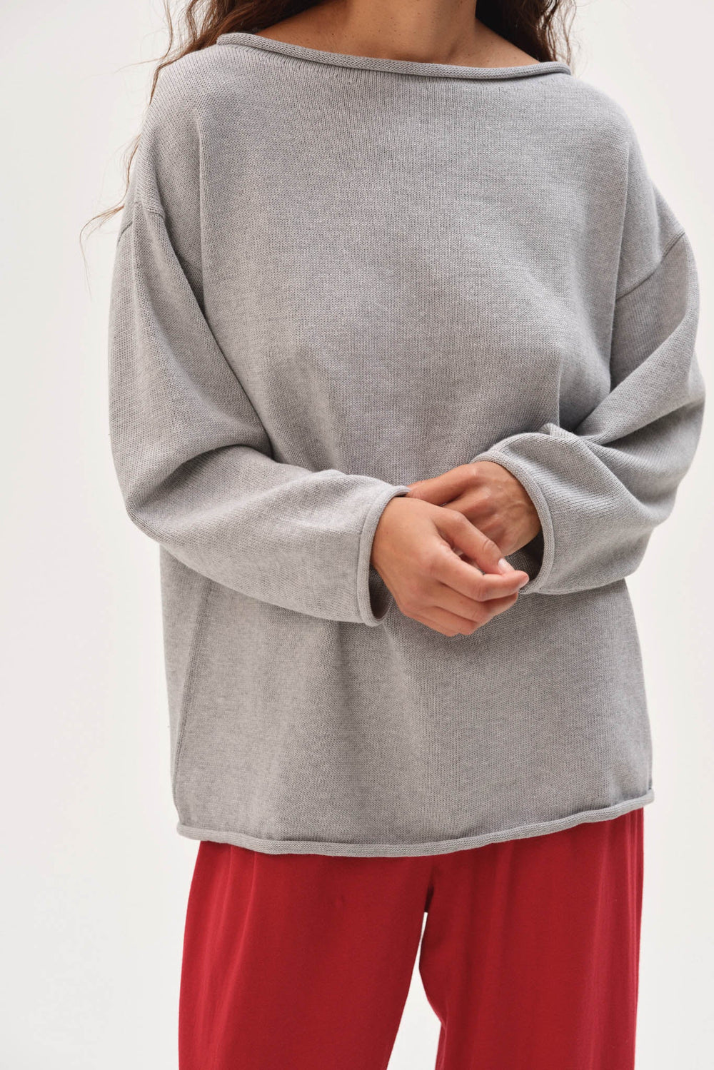DONNI The Cotton Knit Boat Neck Sweater - Heather-Grey