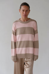DONNI The Cotton Knit Stripe Crewneck Sweater - Shitake-Ballerina