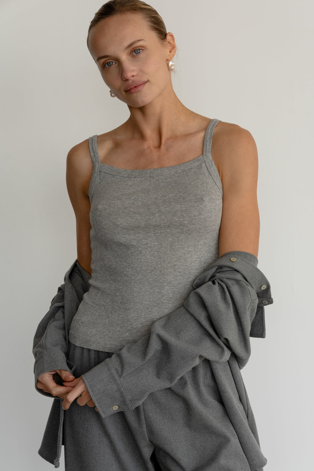 DONNI The Pointelle Square Neck Tank - Heather-Grey