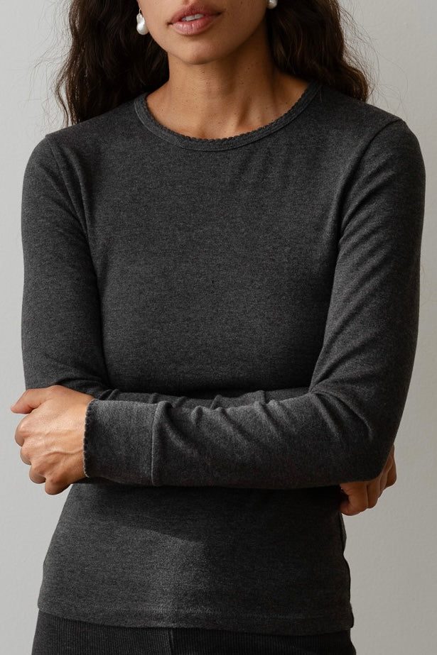 DONNI The Baby Rib Scallop Long Sleeve - Charcoal-Grey