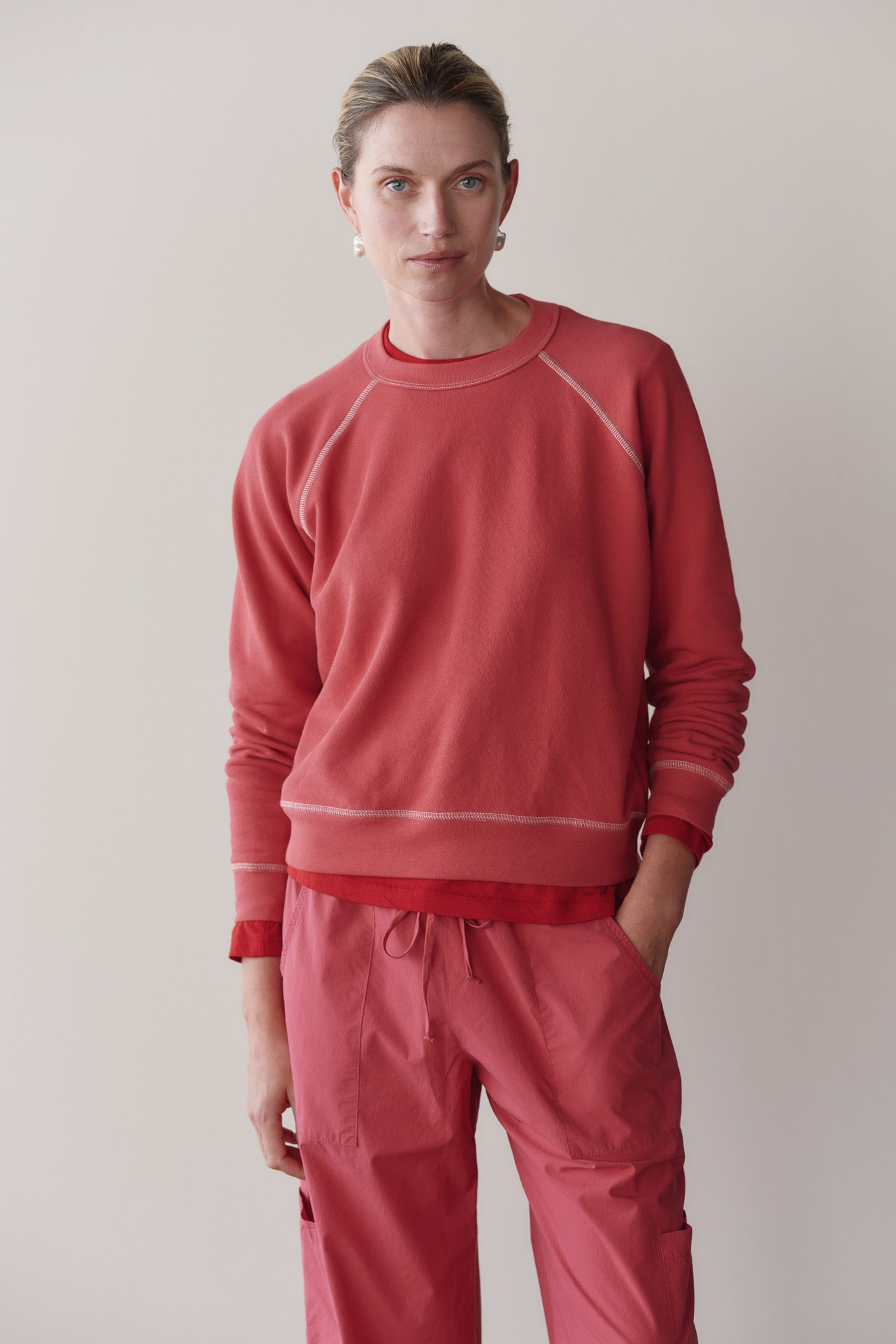 DONNI The Eco-Terry Contrast Stitch Sweatshirt - Raspberry