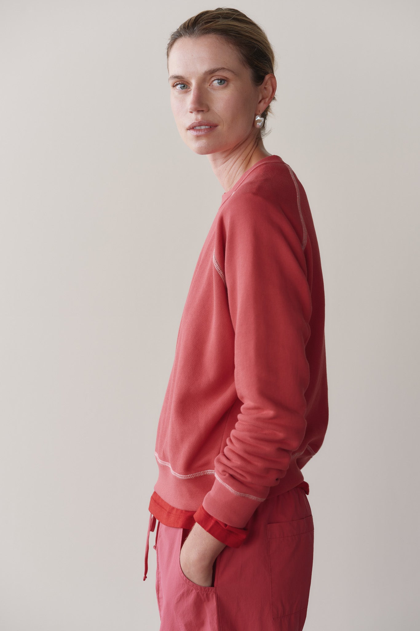 DONNI The Eco-Terry Contrast Stitch Sweatshirt - Raspberry