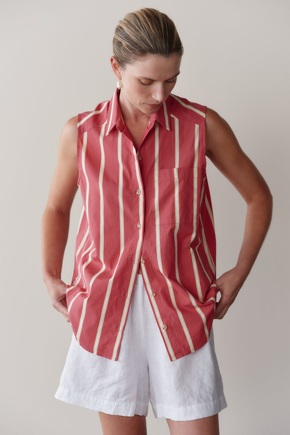 DONNI The Pop Sleeveless Shirt - Raspberry-Stripe