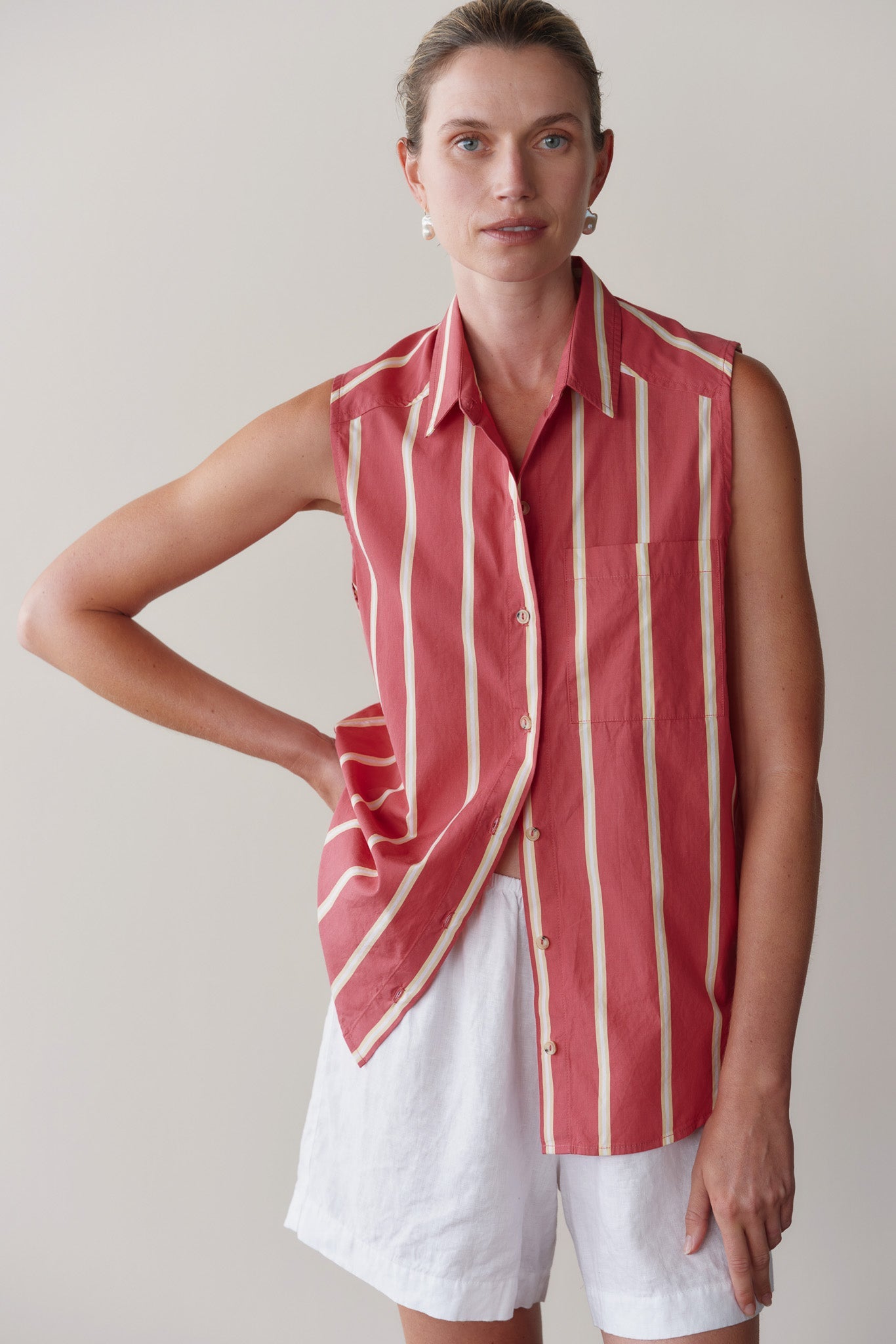DONNI The Pop Sleeveless Shirt - Raspberry-Stripe