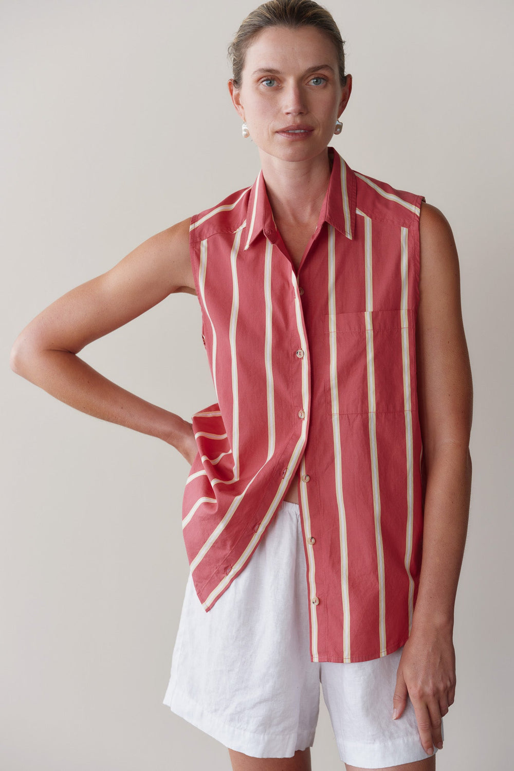 DONNI The Pop Sleeveless Shirt - Raspberry-Stripe