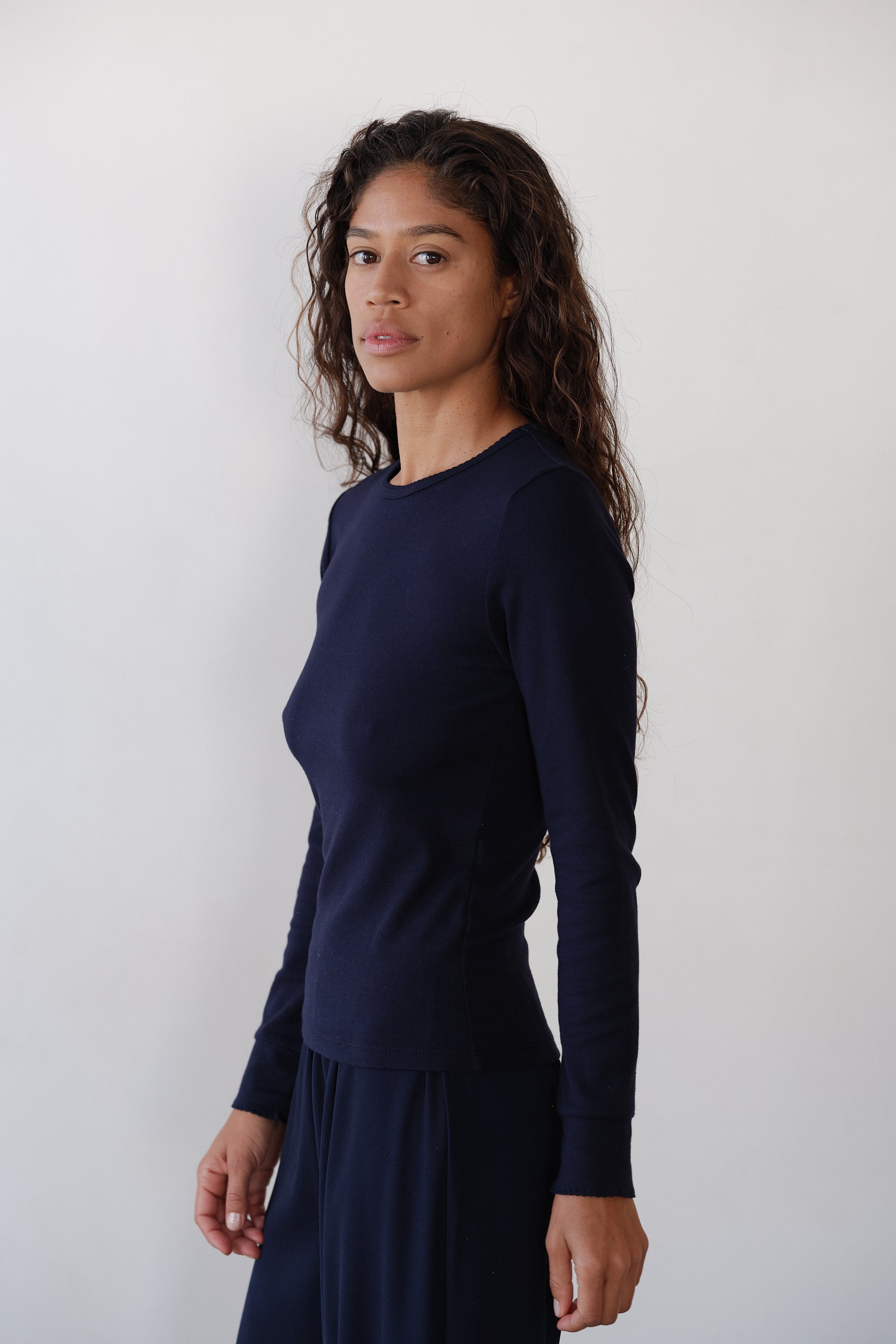 DONNI The Baby Rib Scallop Long Sleeve - Navy