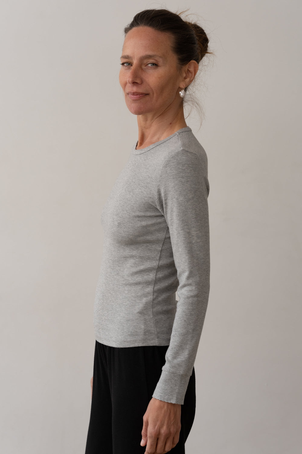 DONNI Heather Grey Baby Rib Scallop Long Sleeve - Heather-Grey