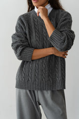 DONNI The Cable V-Neck Sweater - Charcoal-Grey