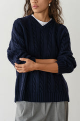 DONNI The Cable V-Neck Sweater - Navy