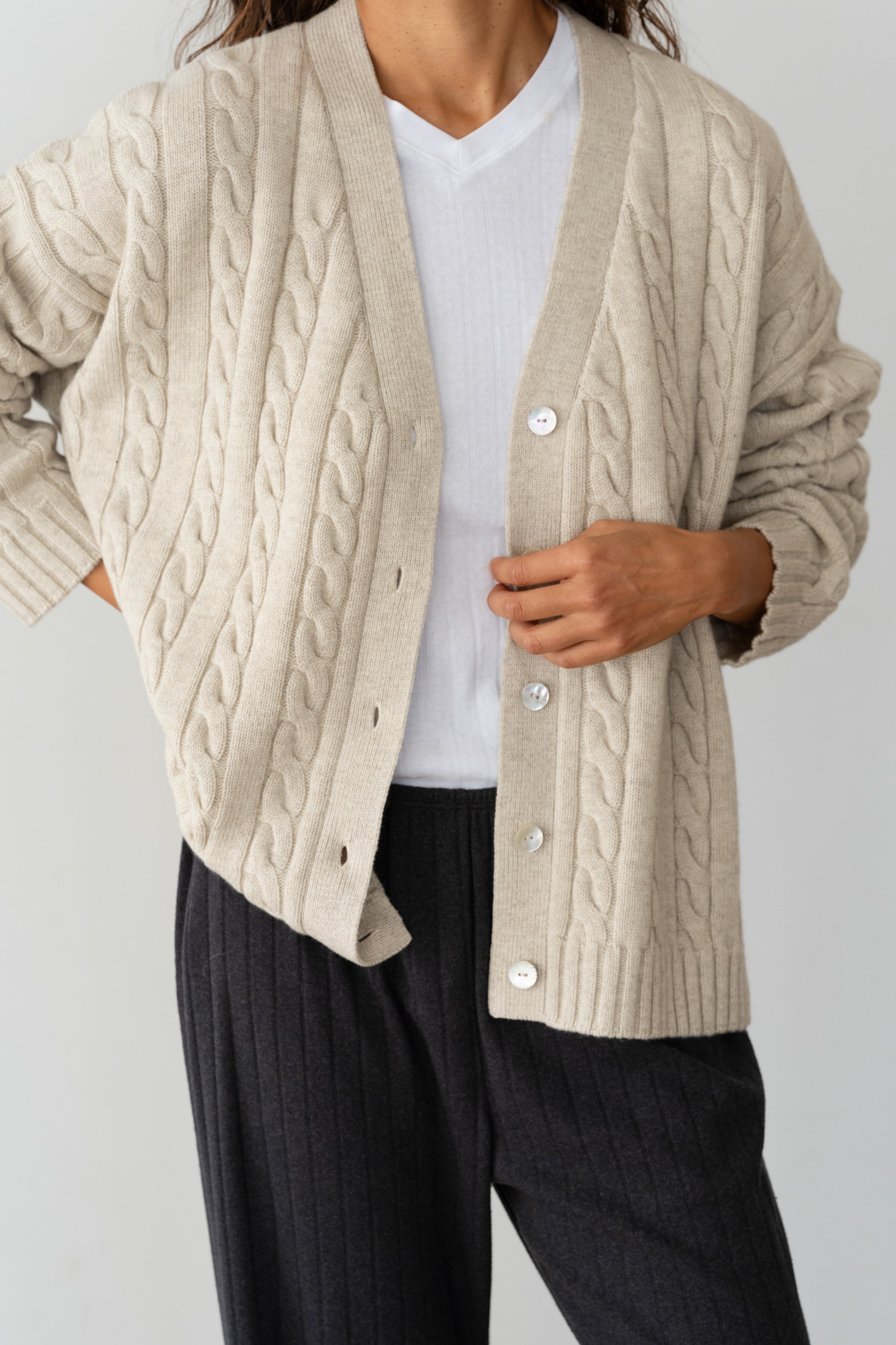 DONNI The Cable V-Neck Cardigan - Oatmeal