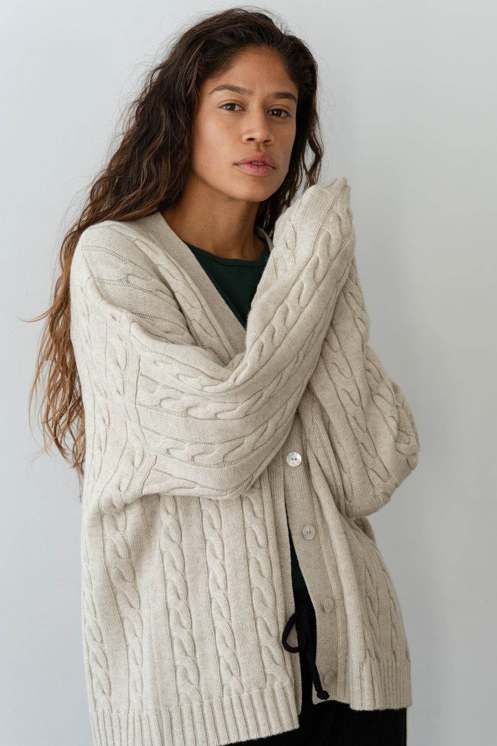 DONNI The Cable V-Neck Cardigan - Oatmeal