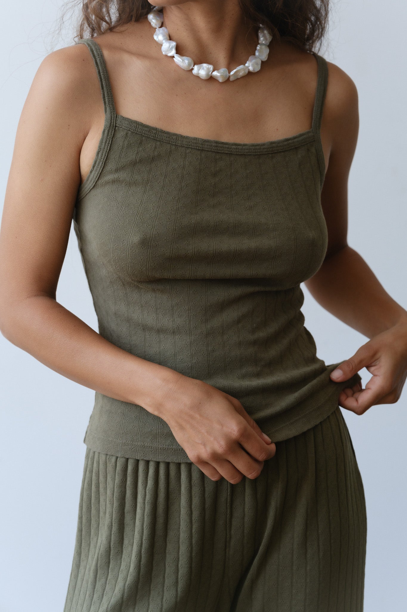 DONNI The Pointelle Square Neck Tank - Olive