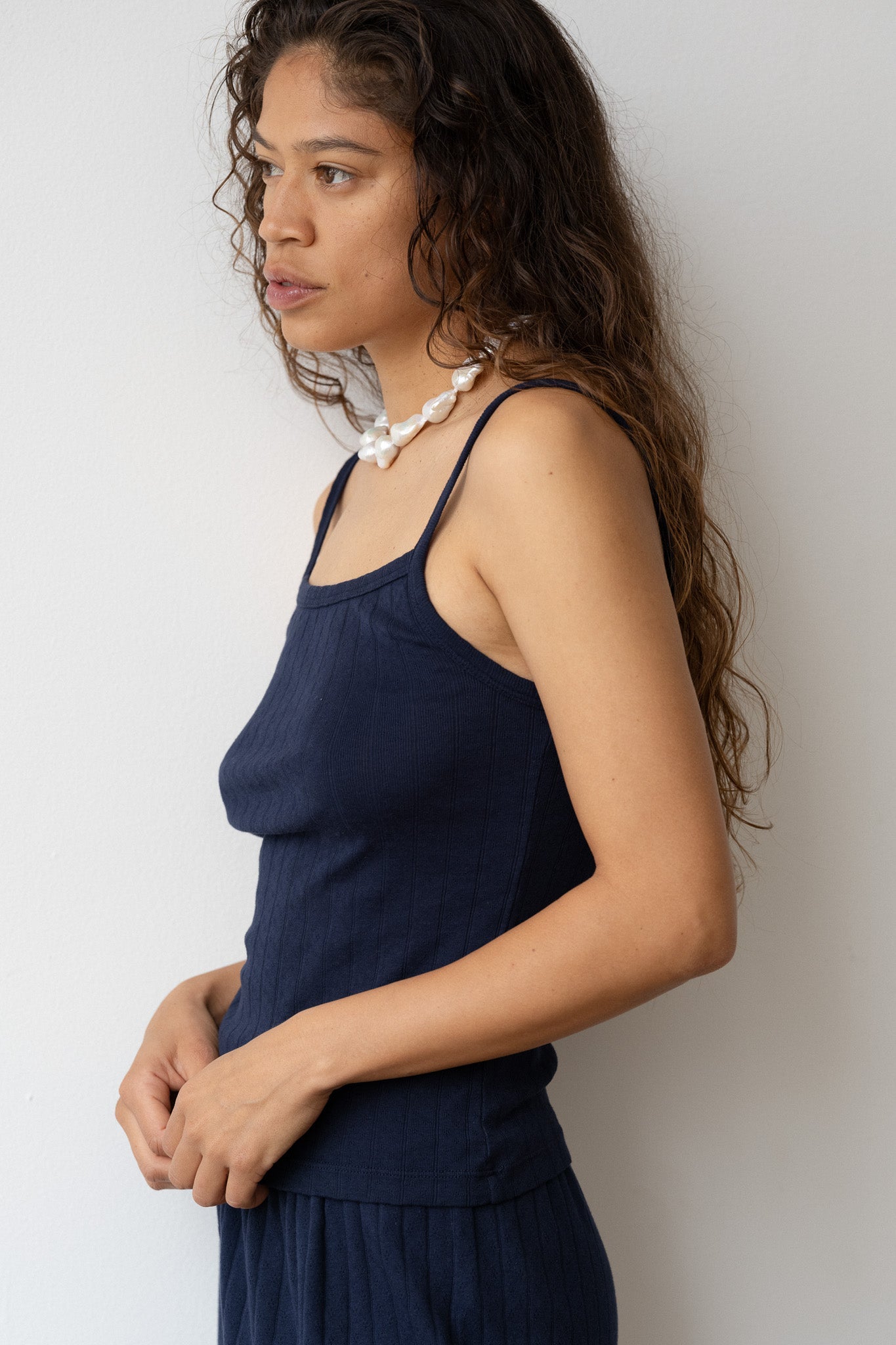 DONNI The Pointelle Square Neck Tank - Navy