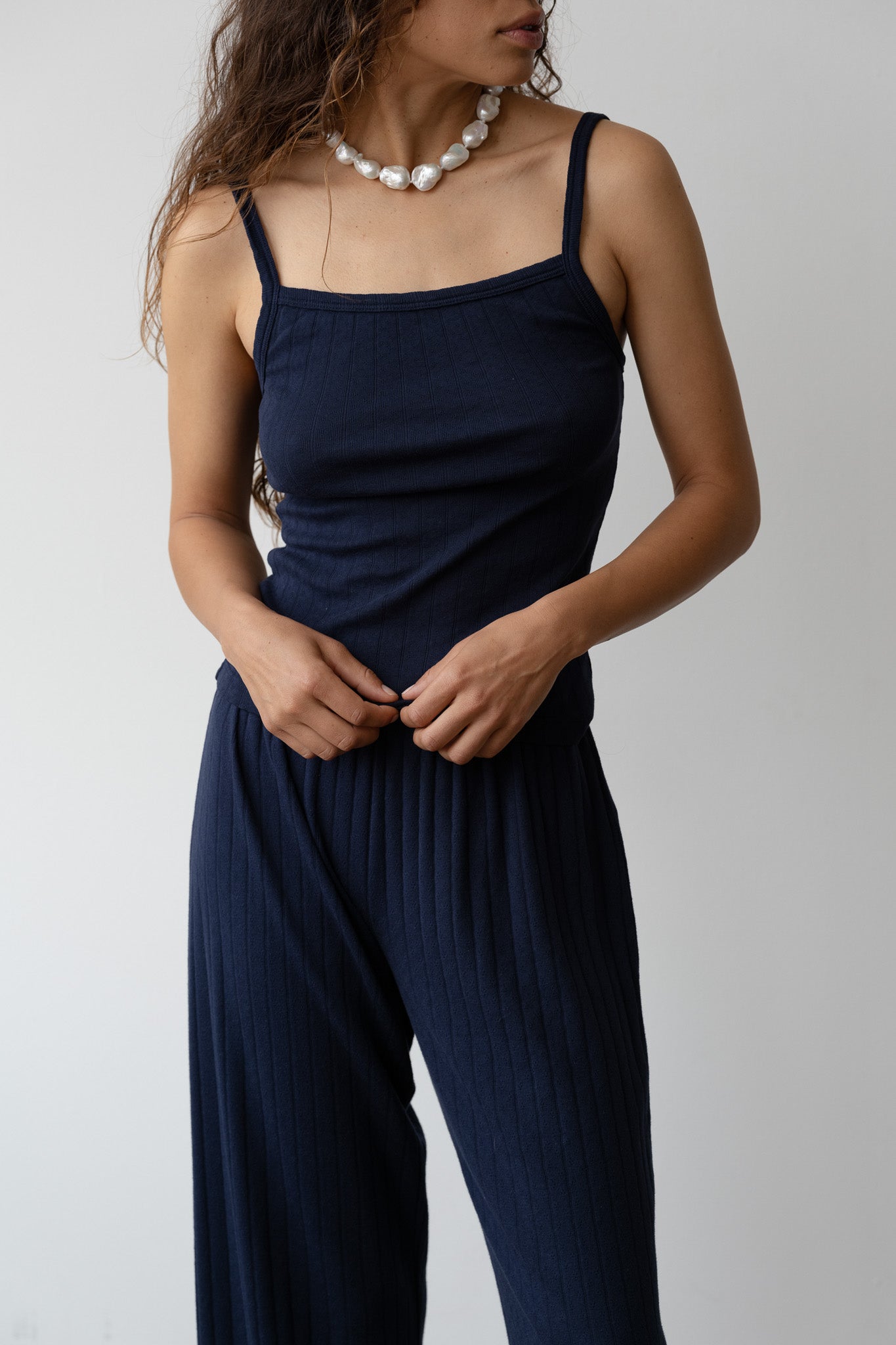 DONNI The Pointelle Square Neck Tank - Navy