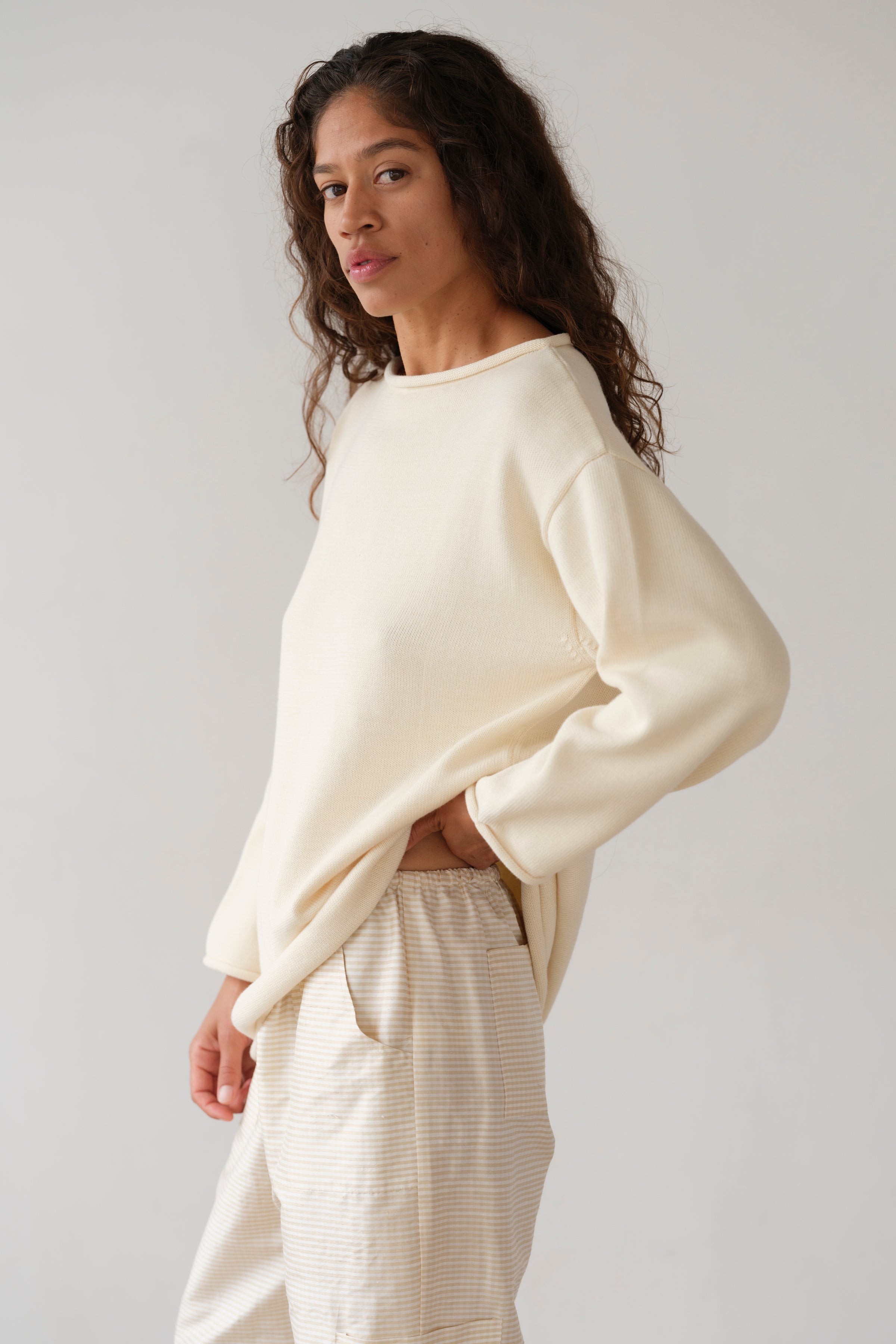 DONNI The Cotton Knit Boat Neck Sweater - Creme