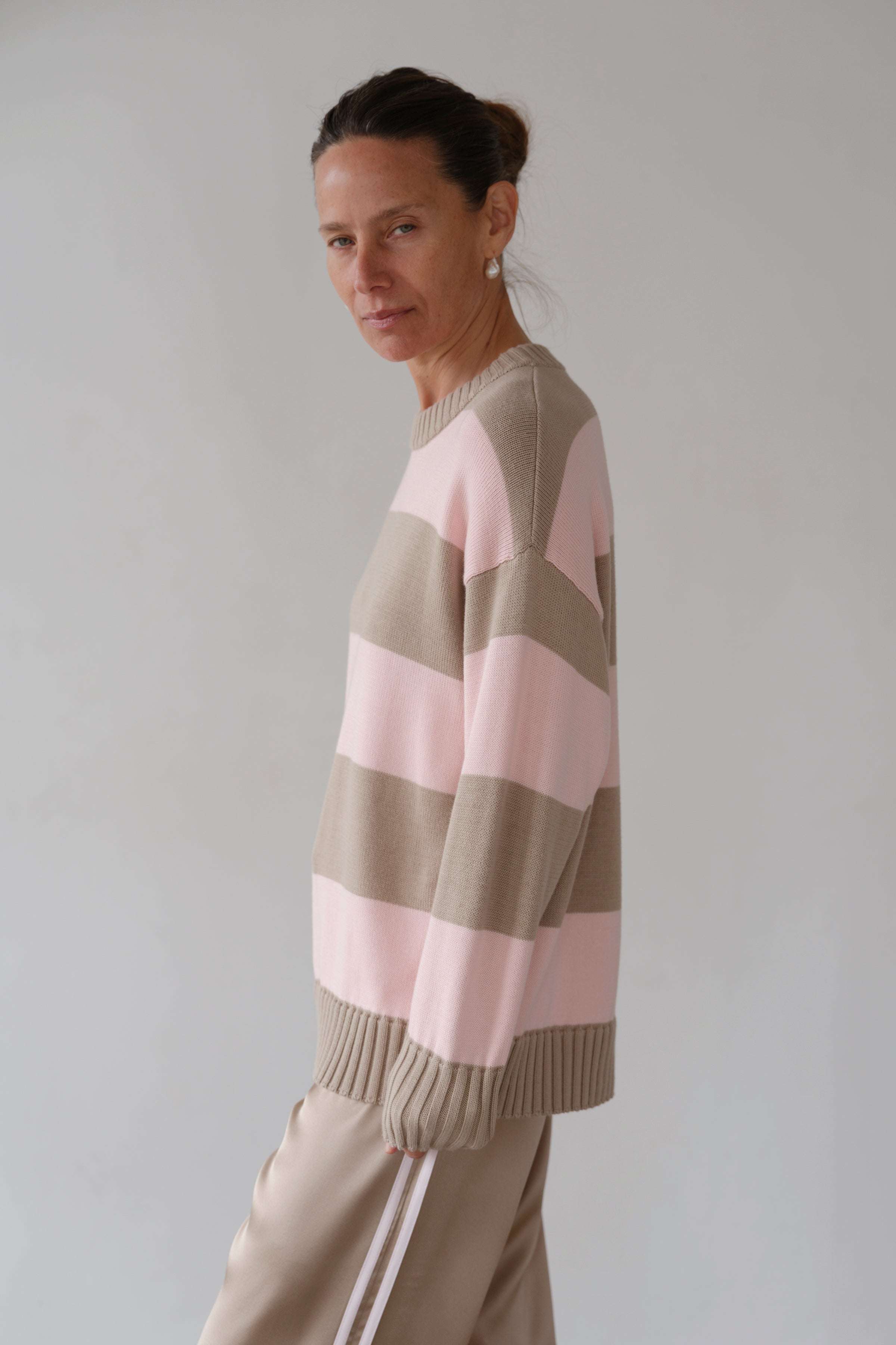 DONNI The Cotton Knit Stripe Crewneck Sweater - Shitake-Ballerina