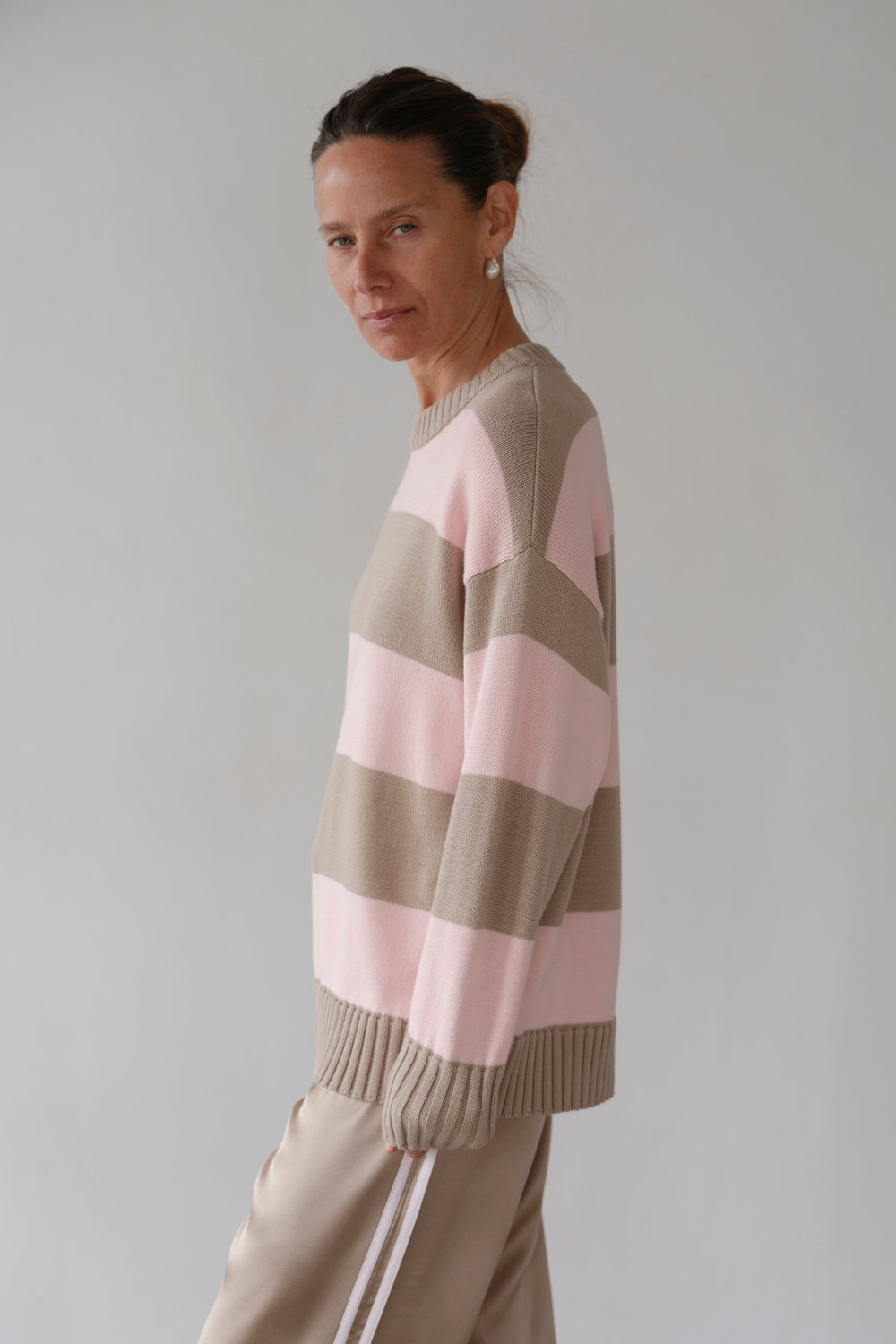 DONNI The Cotton Knit Stripe Crewneck Sweater - Shitake-Ballerina
