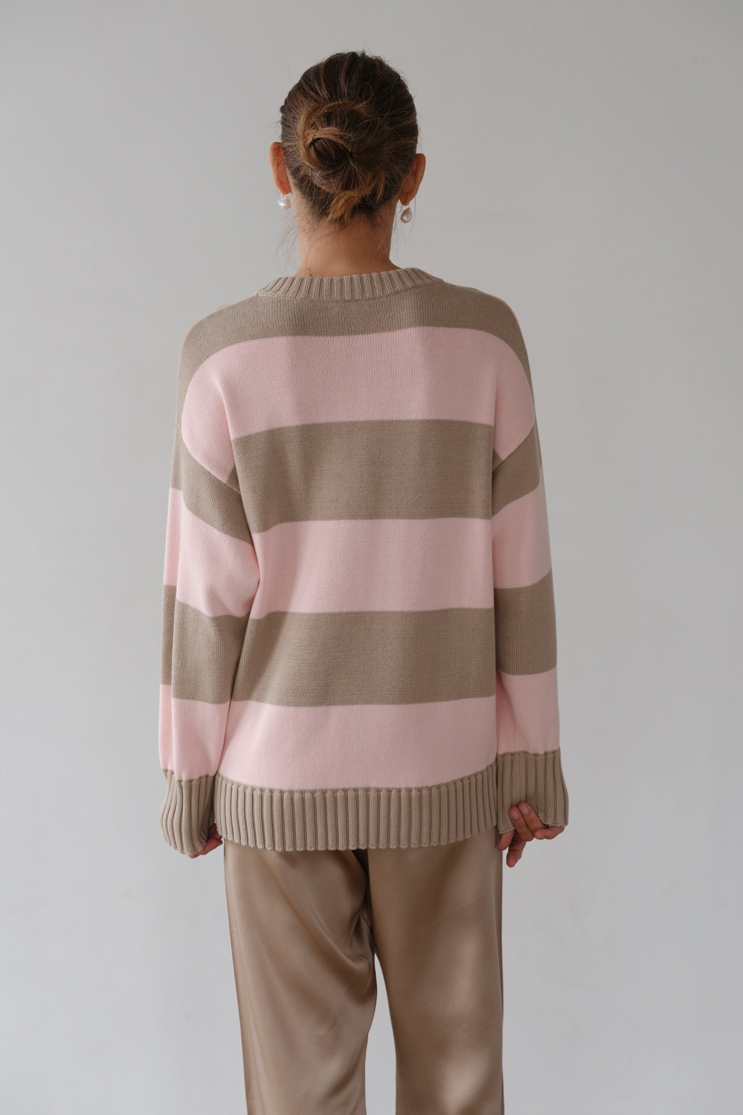 DONNI The Cotton Knit Stripe Crewneck Sweater - Shitake-Ballerina