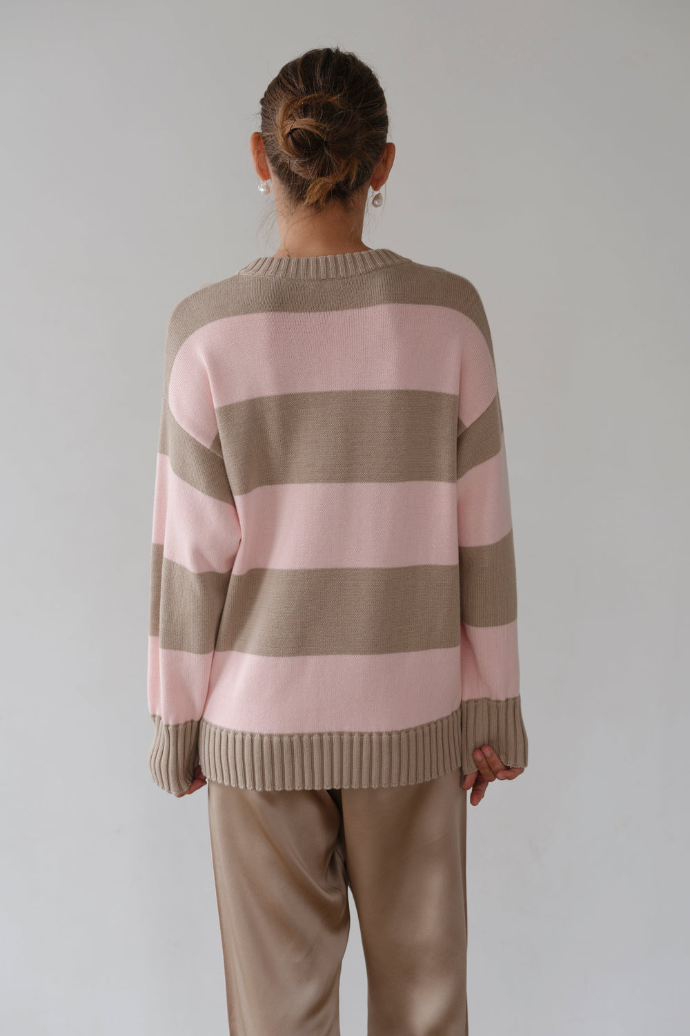 DONNI The Cotton Knit Stripe Crewneck Sweater - Shitake-Ballerina