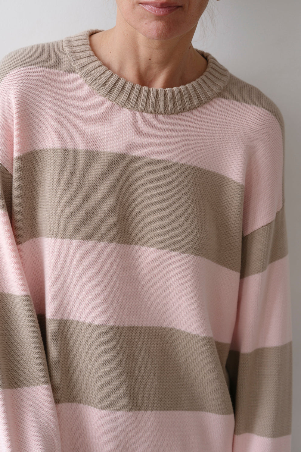 DONNI The Cotton Knit Stripe Crewneck Sweater - Shitake-Ballerina