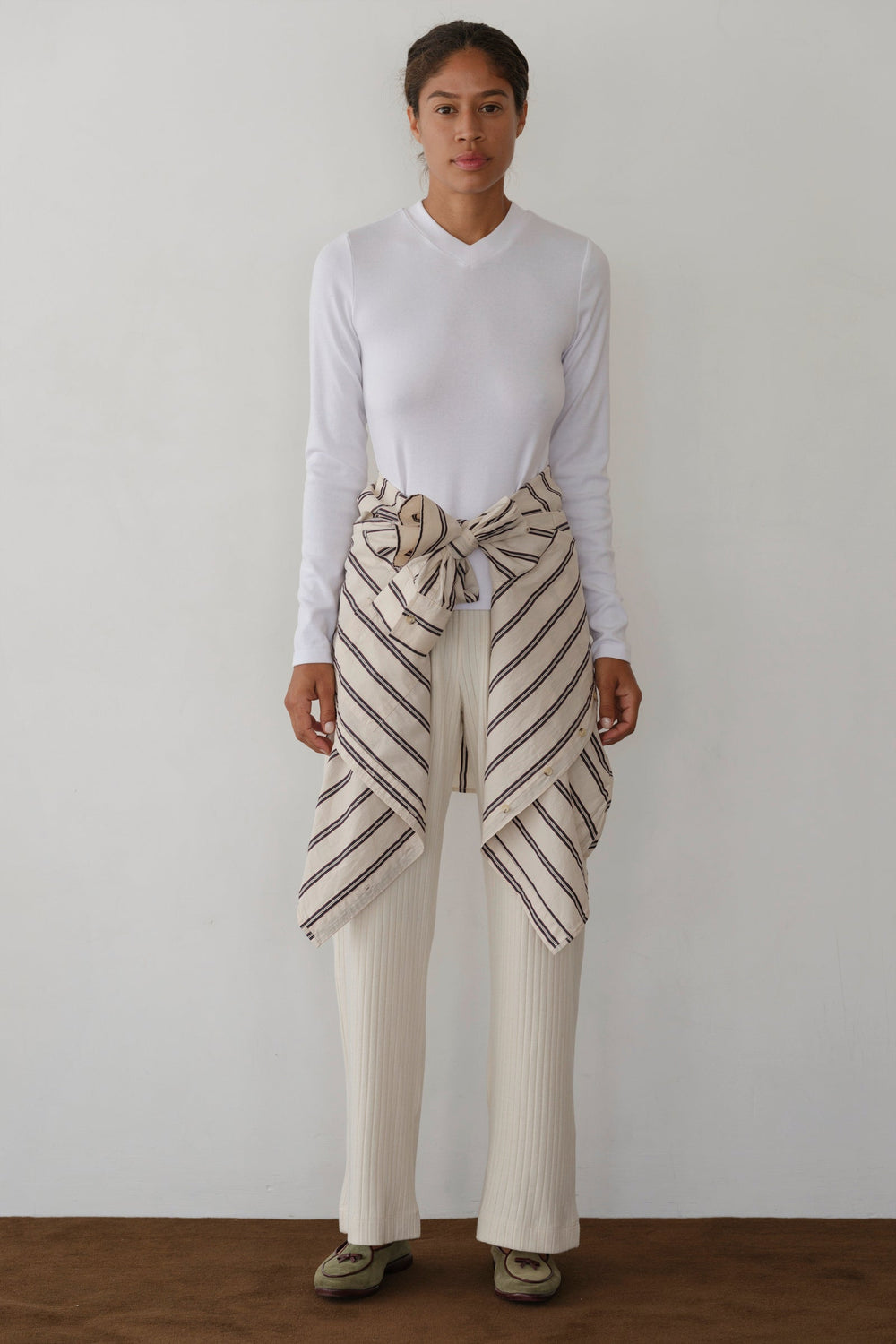 DONNI The Baby Rib V-Neck Long Sleeve - Powder
