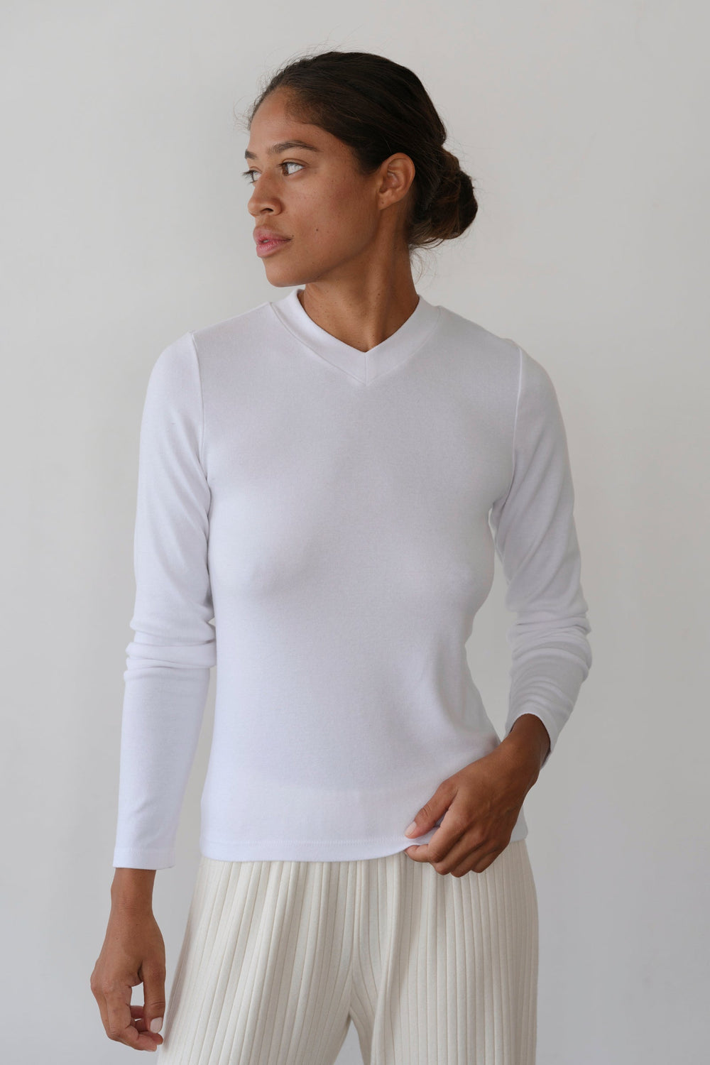 DONNI The Baby Rib V-Neck Long Sleeve - Powder