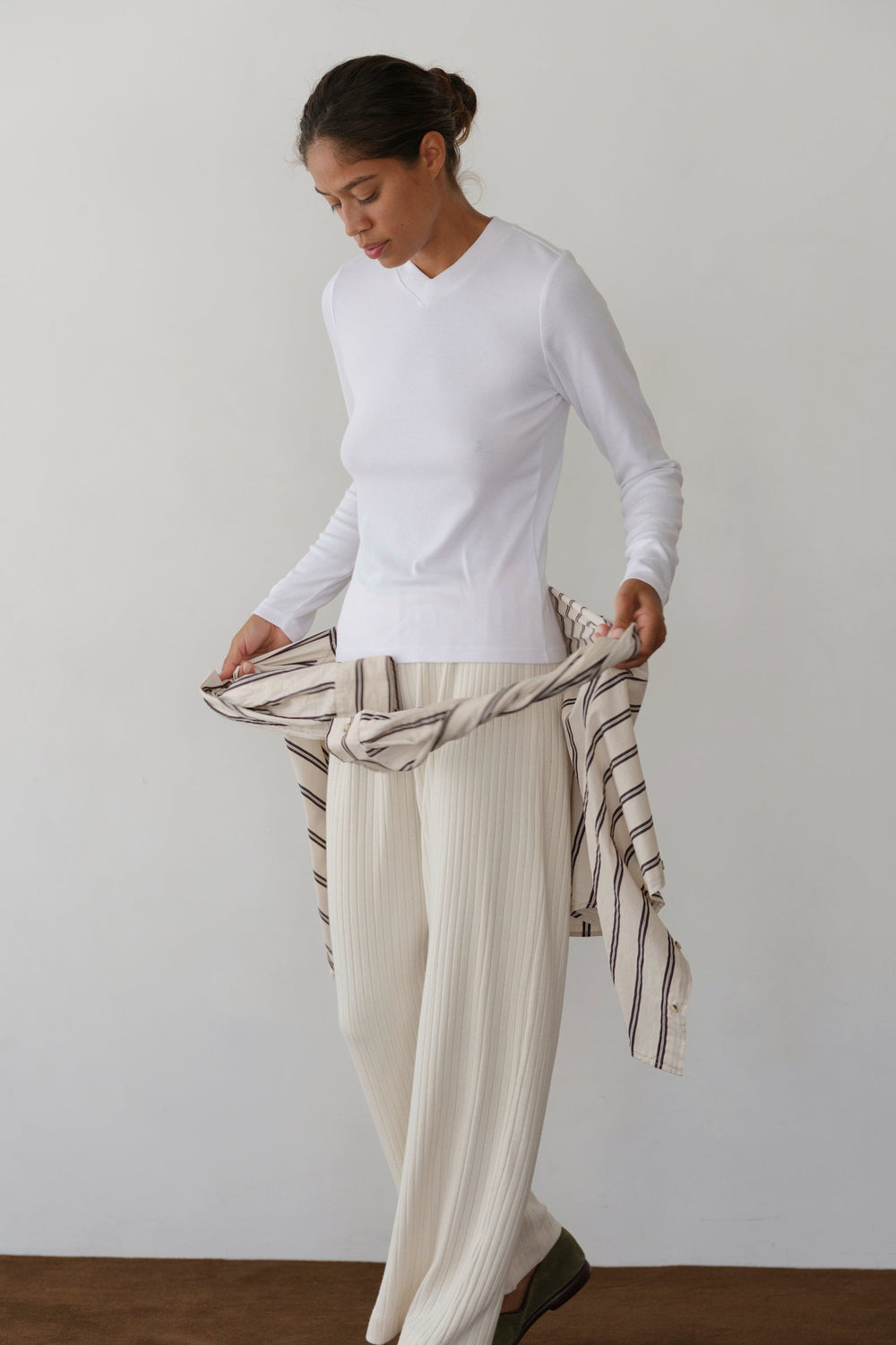 DONNI The Baby Rib V-Neck Long Sleeve - Powder