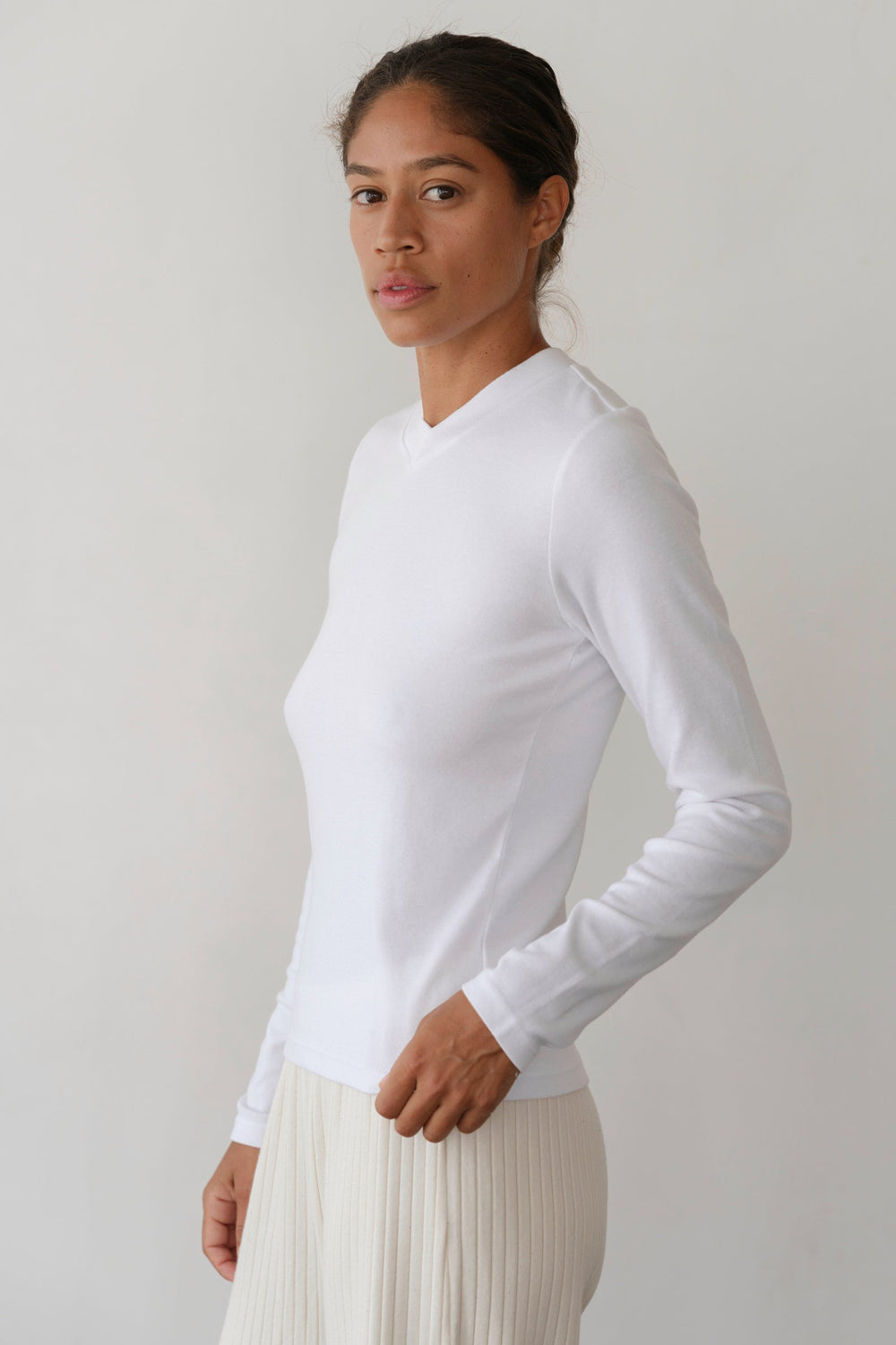 DONNI The Baby Rib V-Neck Long Sleeve - Powder