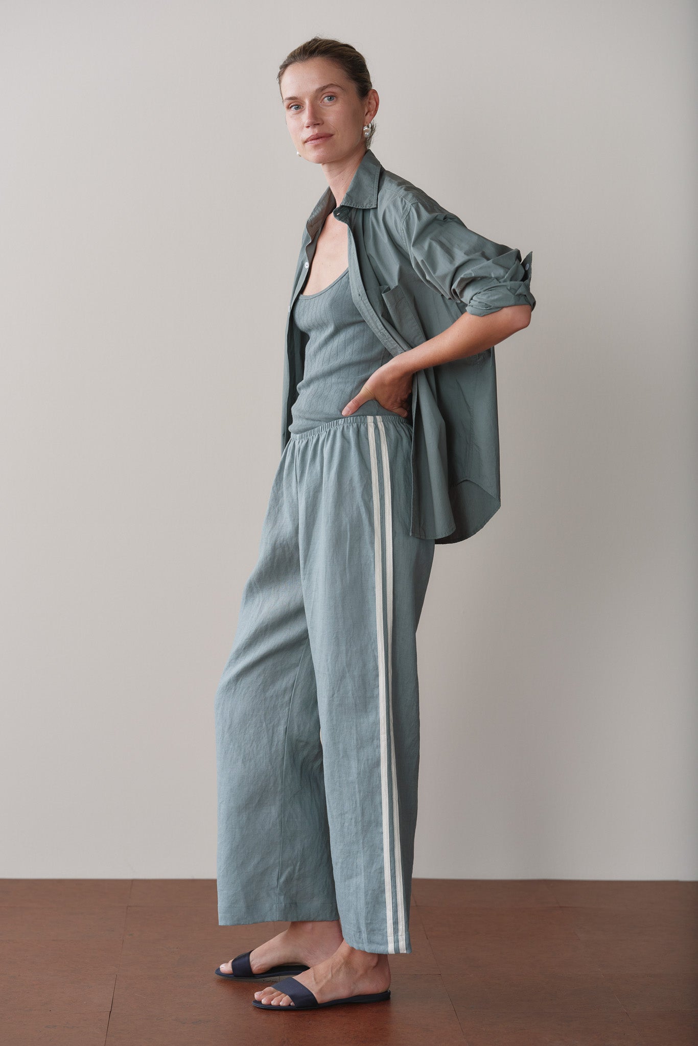 DONNI Sage Linen Crop Stripe Pant - Sage