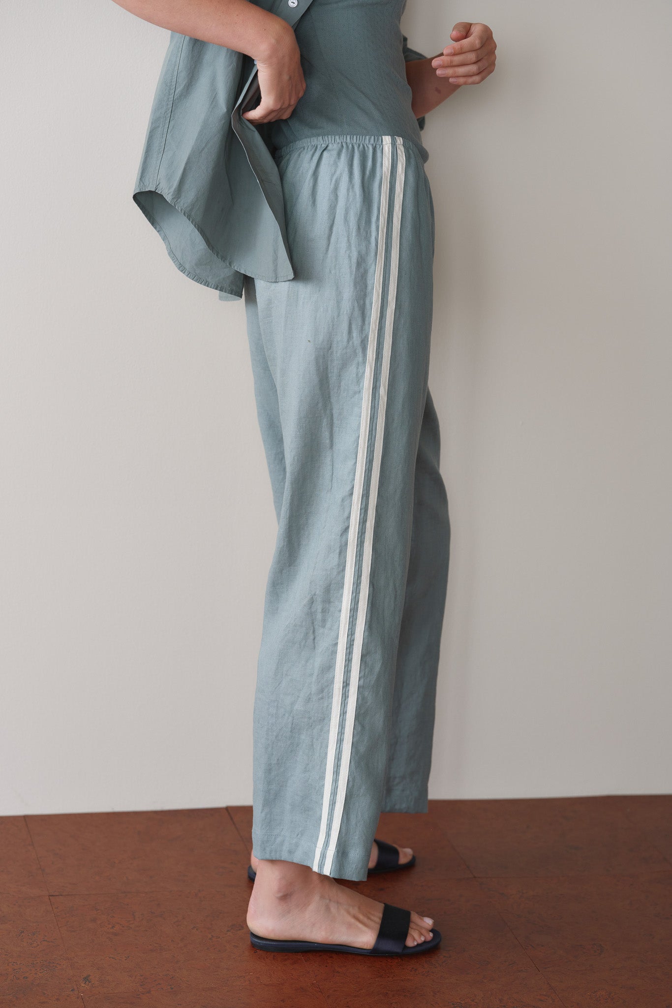 DONNI Sage Linen Crop Stripe Pant - Sage