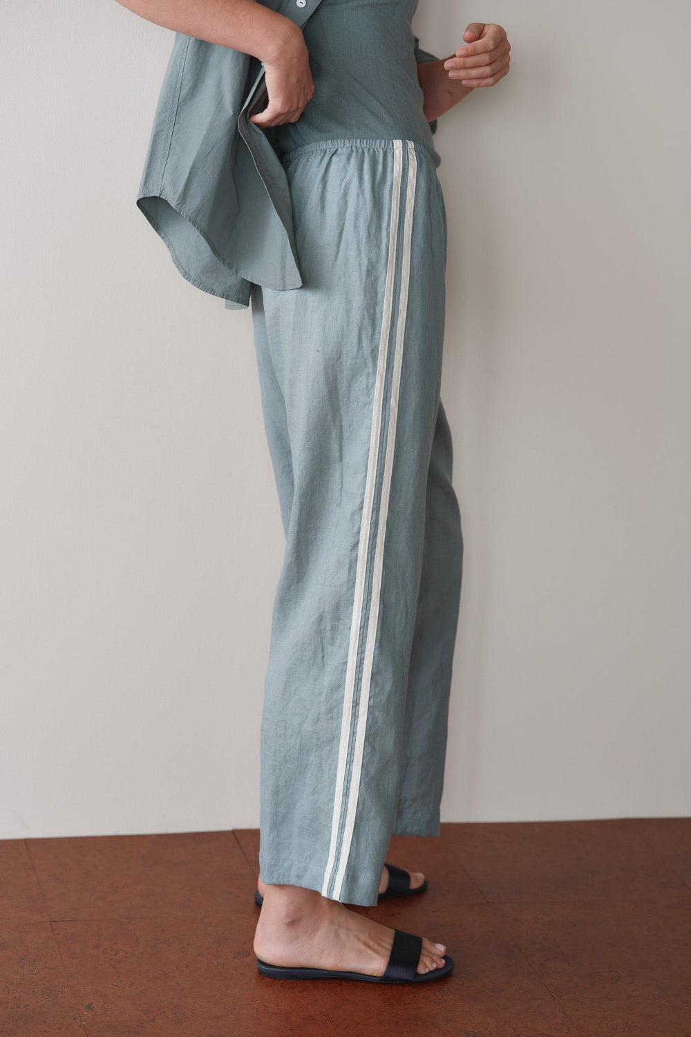 DONNI Sage Linen Crop Stripe Pant - Sage