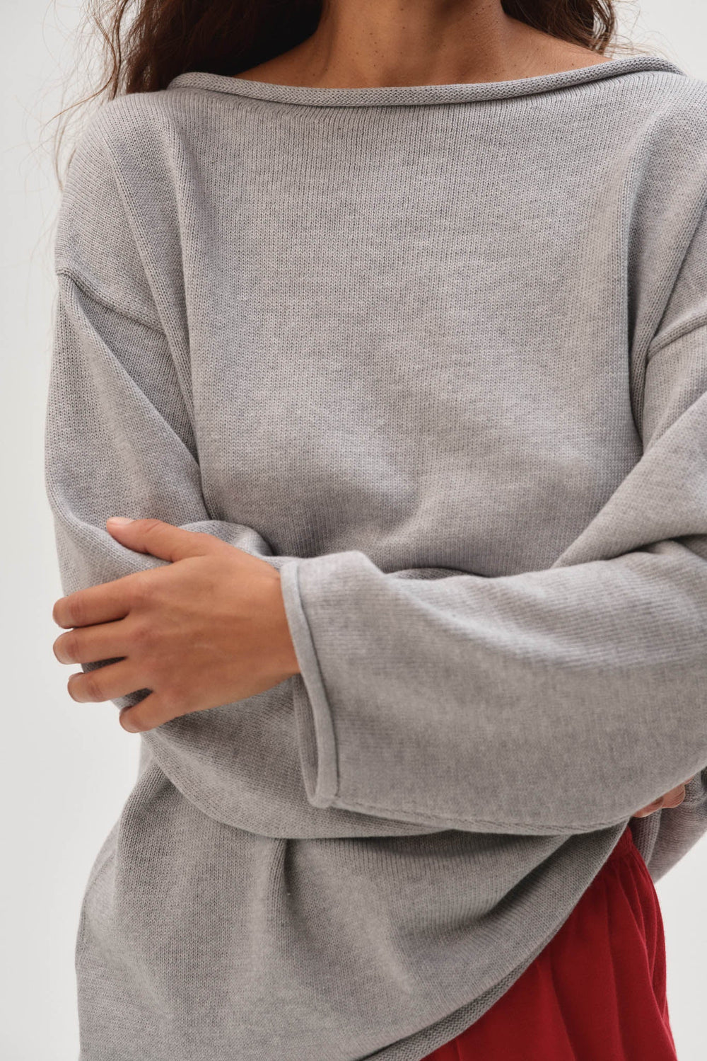 DONNI The Cotton Knit Boat Neck Sweater - Heather-Grey