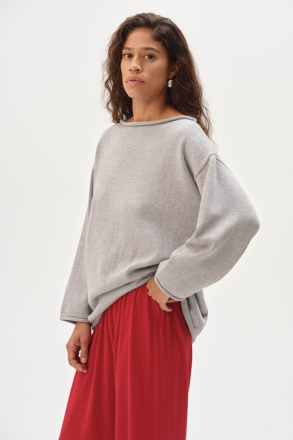 DONNI The Cotton Knit Boat Neck Sweater - Heather-Grey