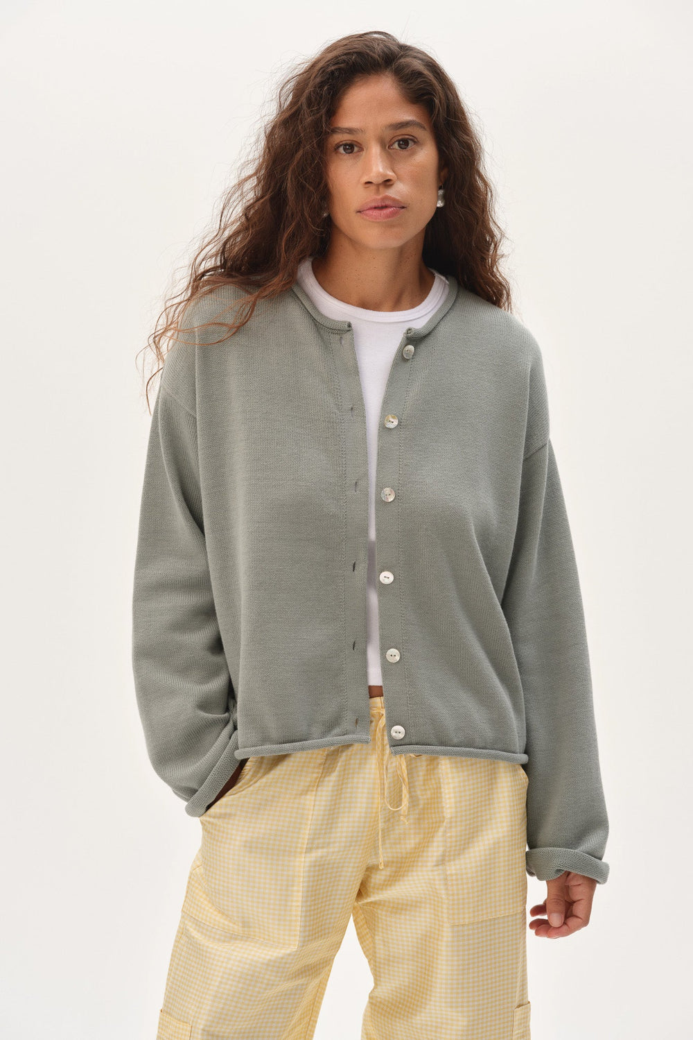 DONNI The Cotton Knit Roll Cardigan - sage