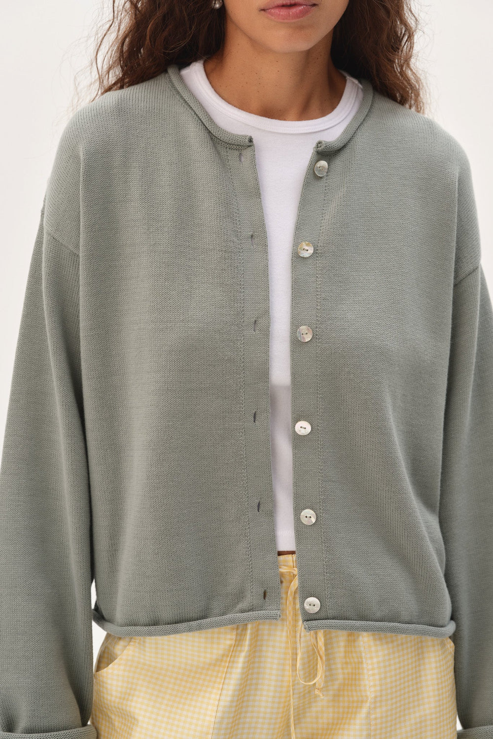 DONNI The Cotton Knit Roll Cardigan - sage