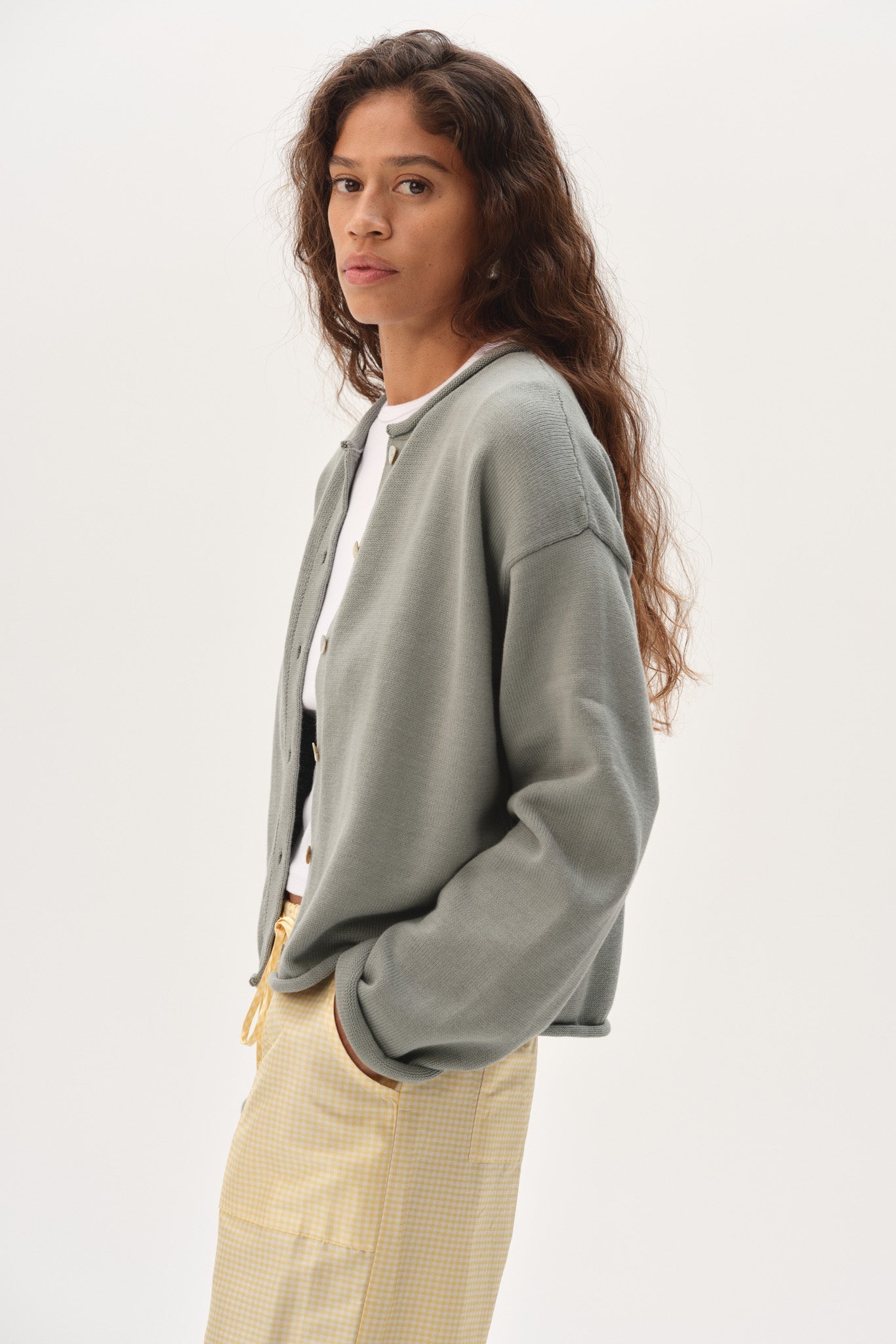 DONNI The Cotton Knit Roll Cardigan - sage