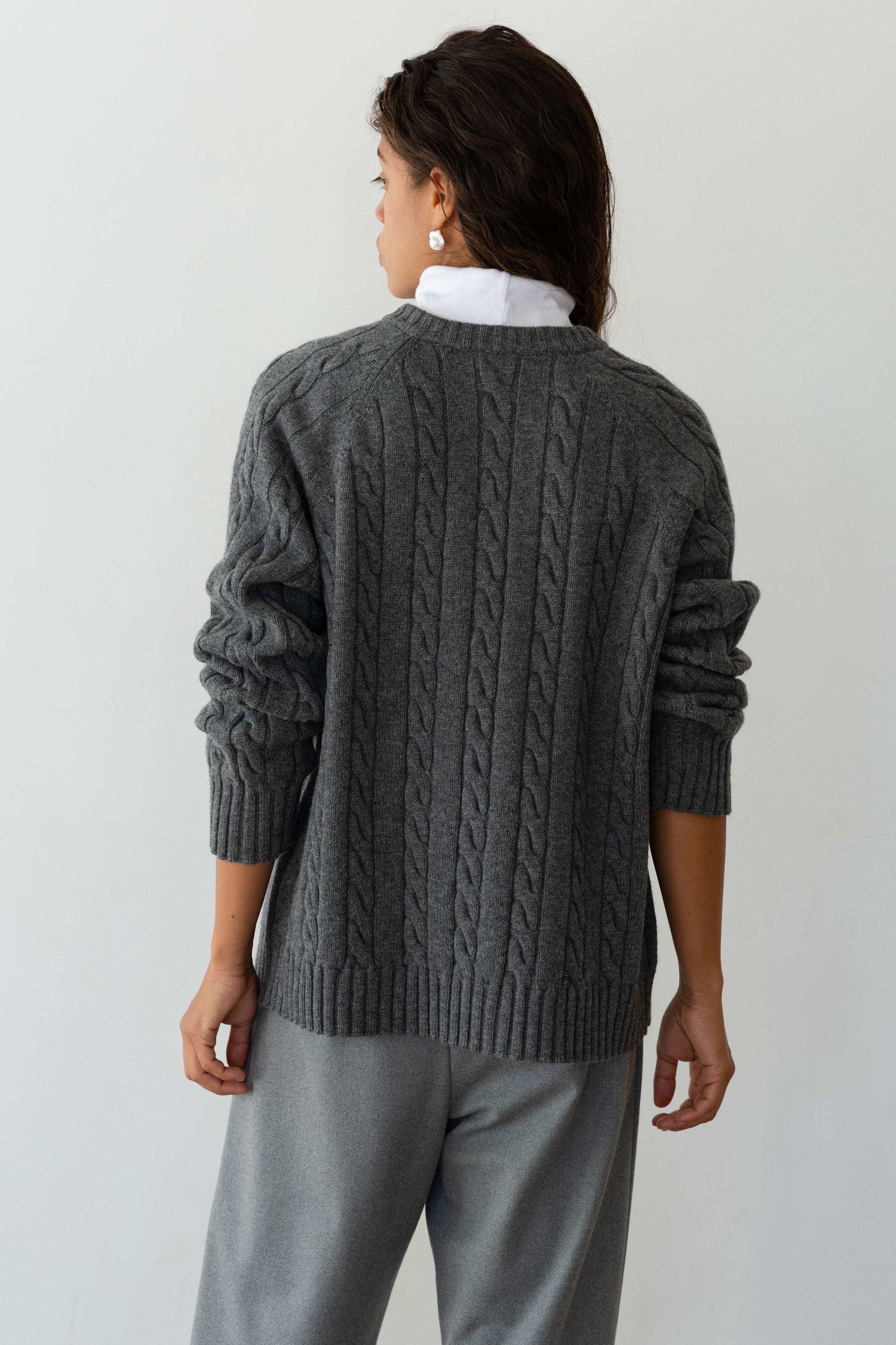 DONNI The Cable V-Neck Sweater - Charcoal-Grey