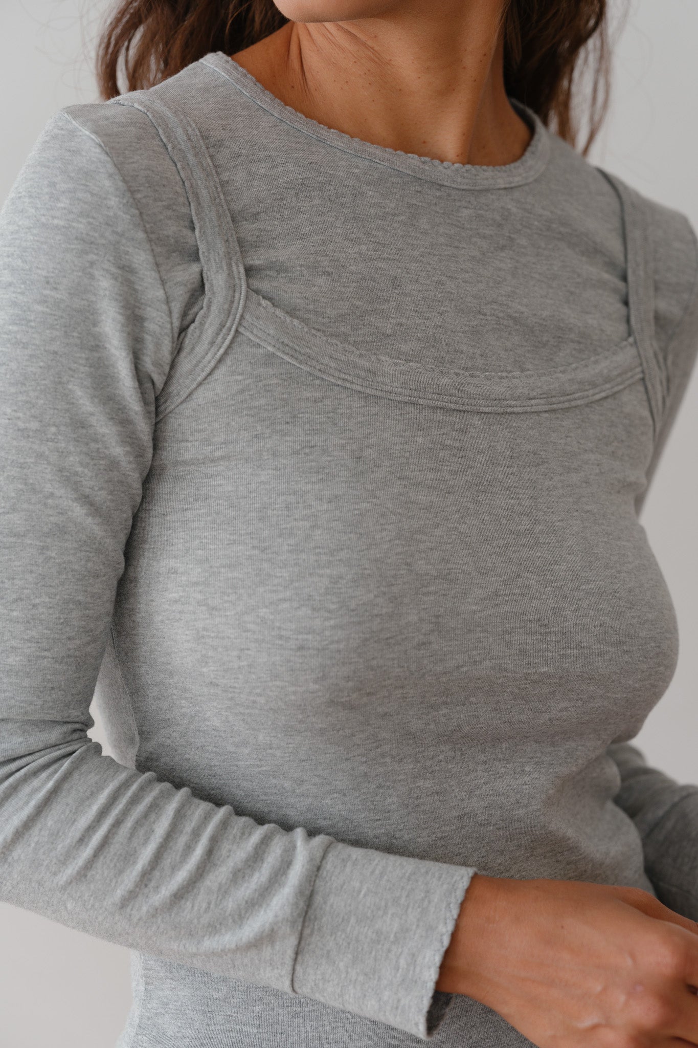 DONNI Heather Grey Baby Rib Scallop Long Sleeve - Heather-Grey