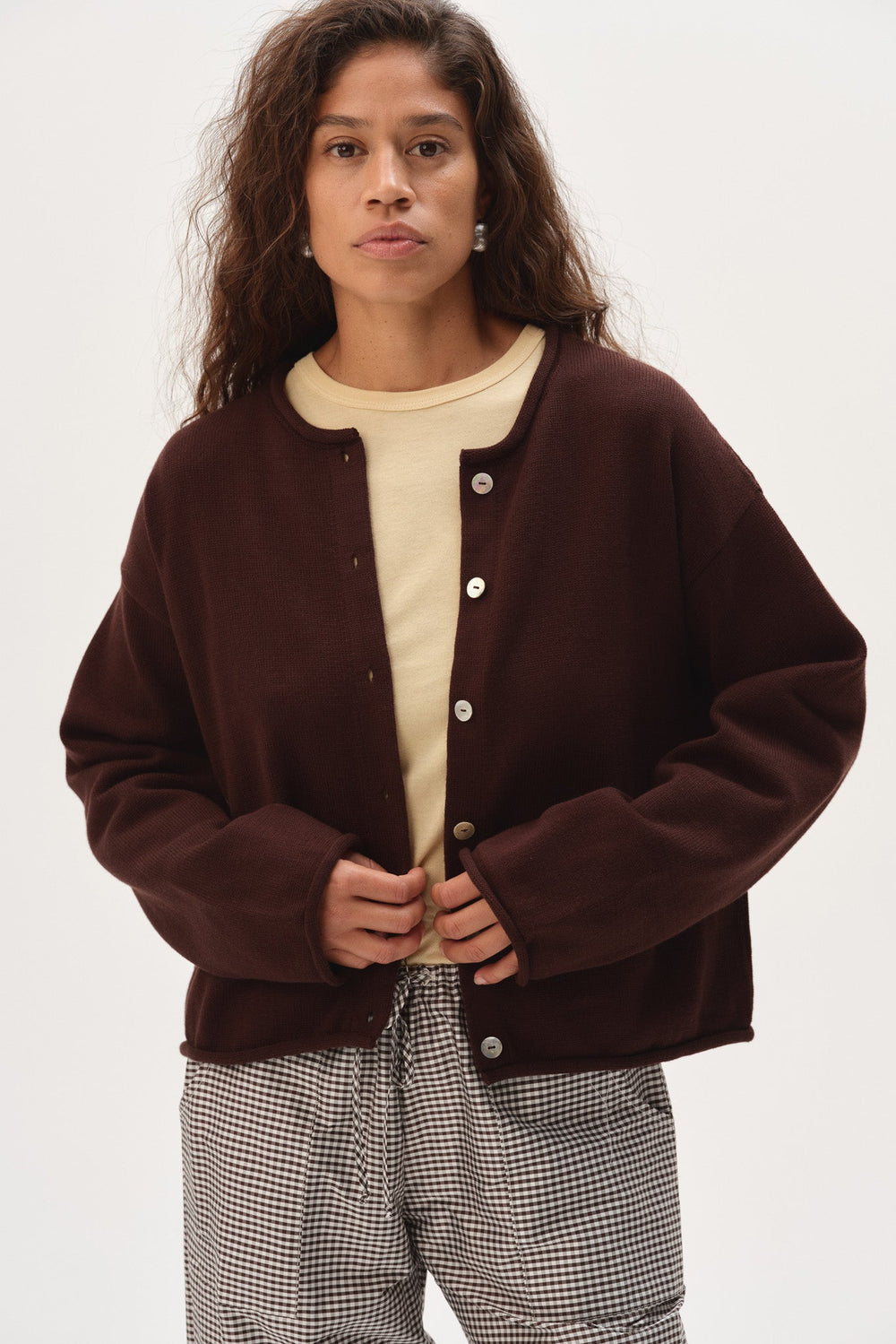 DONNI The Cotton Knit Roll Cardigan - Espresso