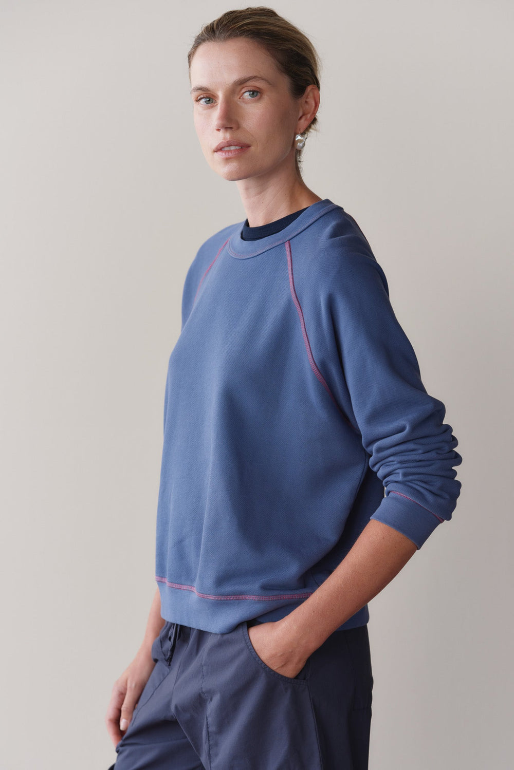 DONNI The Eco-Terry Contrast Stitch Sweatshirt - Lapis
