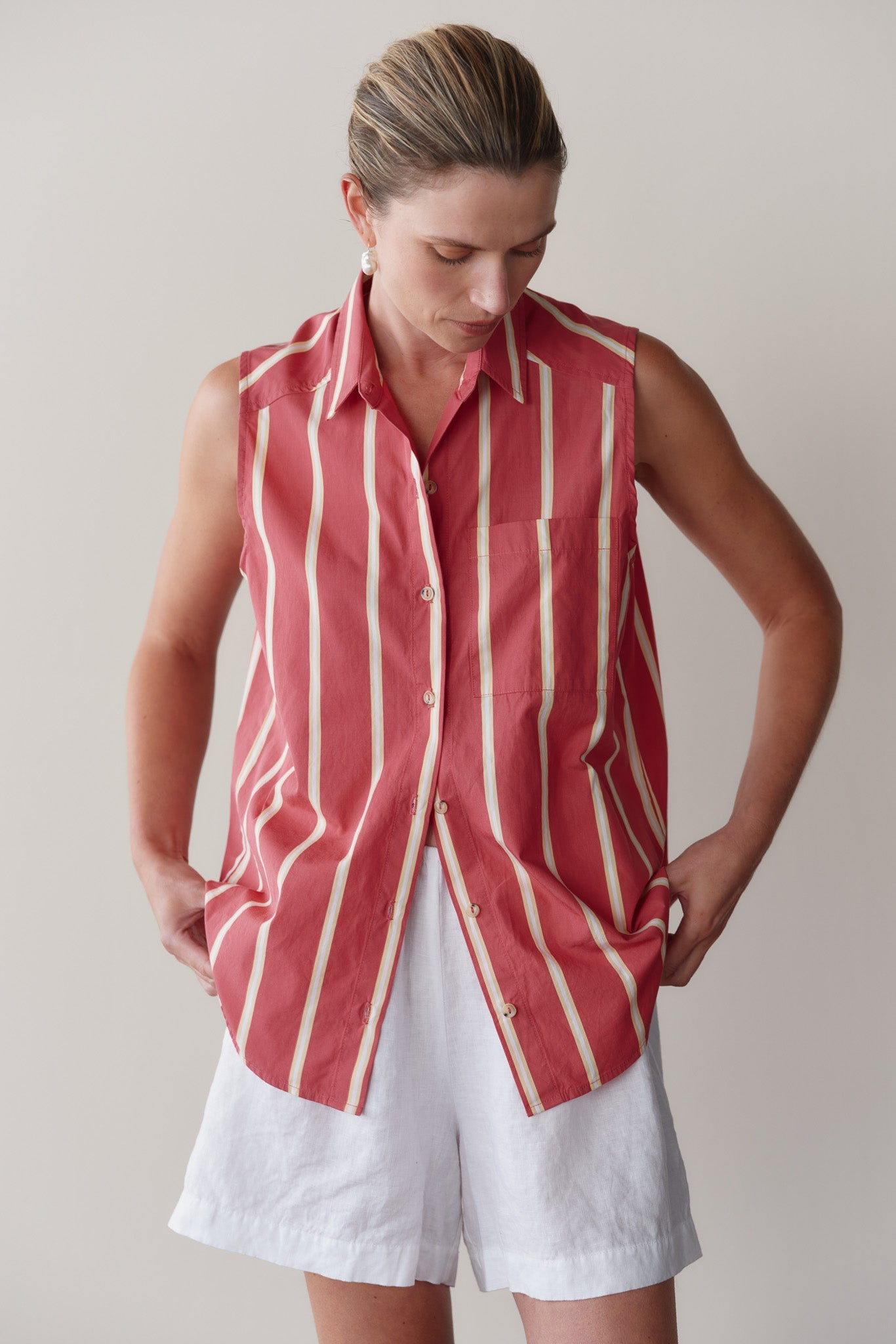 DONNI The Pop Sleeveless Shirt - Raspberry-Stripe