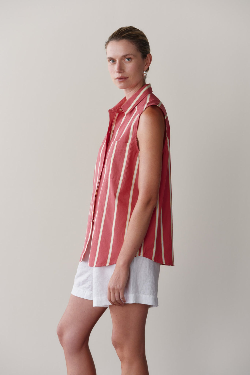 DONNI The Pop Sleeveless Shirt - Raspberry-Stripe
