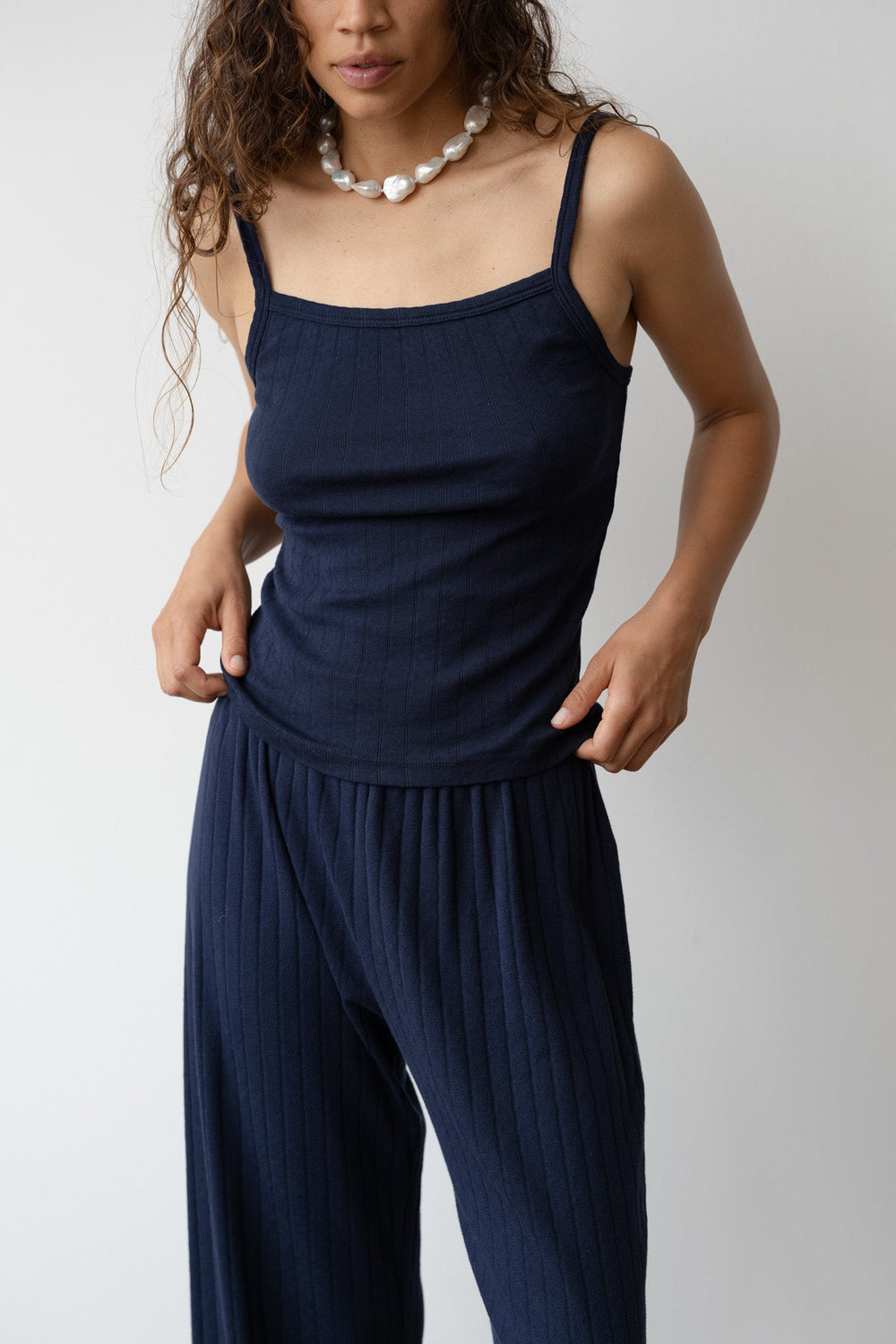DONNI The Pointelle Square Neck Tank - Navy