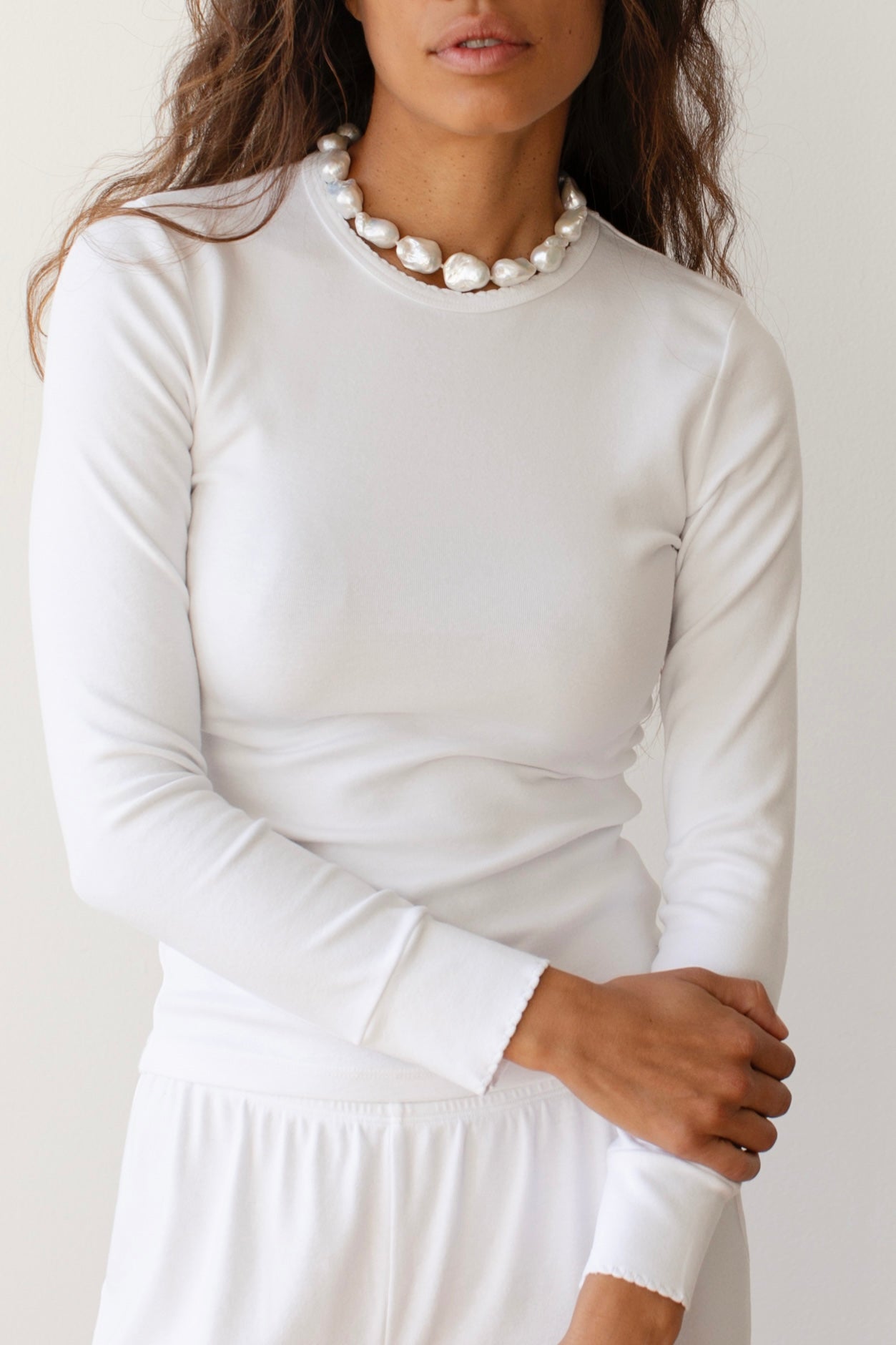 DONNI Powder Baby Rib Scallop Long Sleeve - Powder